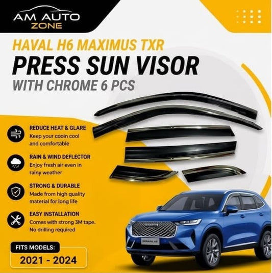 Haval H6 Maximus TXR Air Press Sun Visor with Chrome 6PCS | Haval H6 2021 2022 2023 2024 | Rain & Wind Deflector Window Visor
