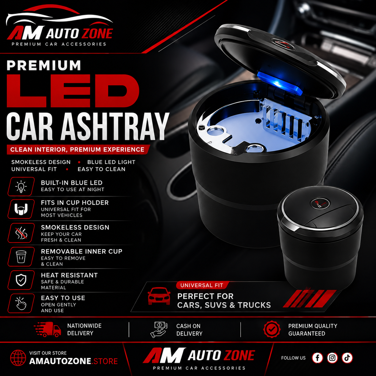 Premium LED Car Ashtray – Smokeless | Universal Cup Holder Fit | Blue LED Light