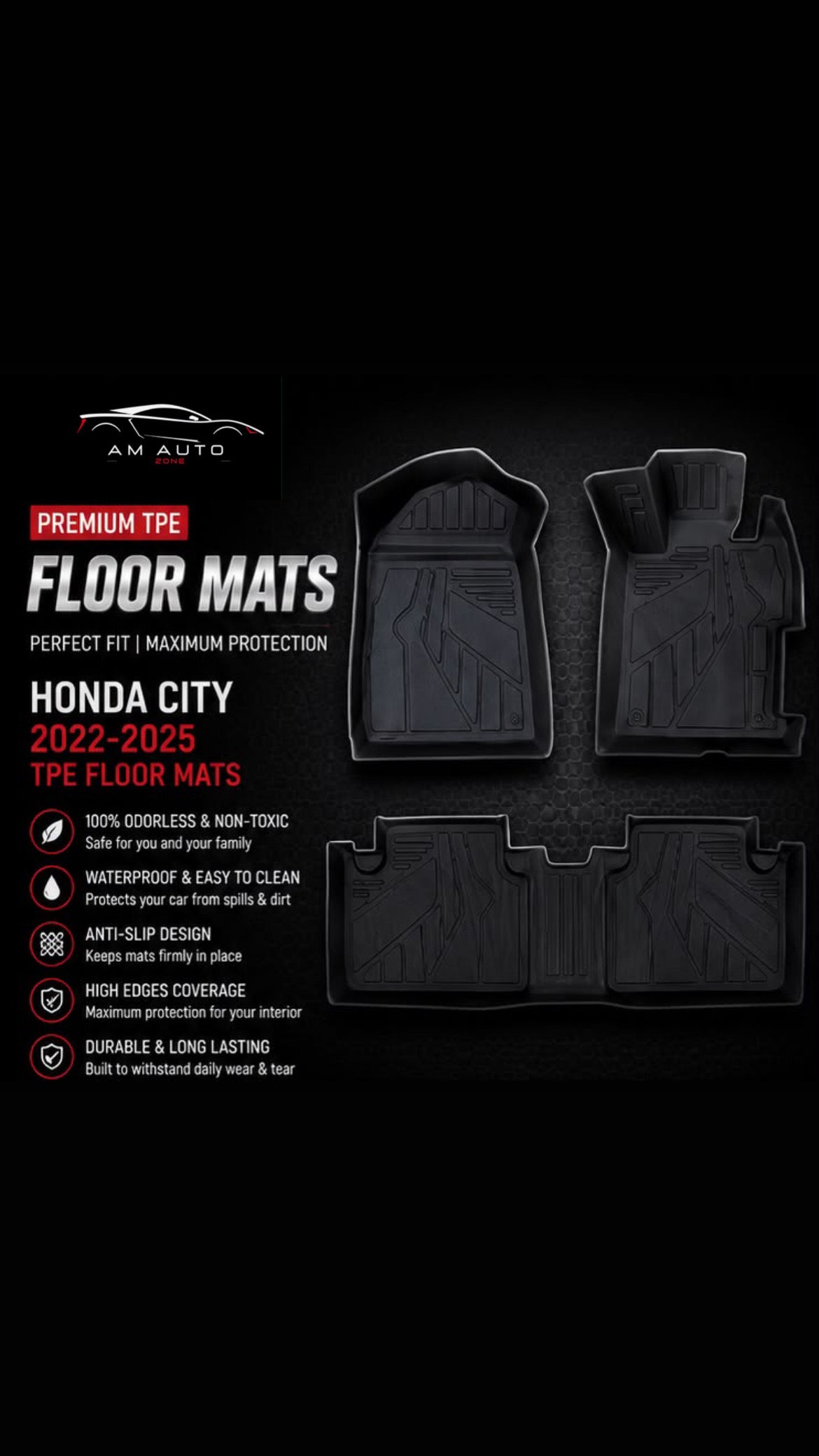 Honda City 2022, 2023, 2024 & 2025 Premium TPE Floor Mats | Waterproof All Weather Custom Fit Car Floor Liners