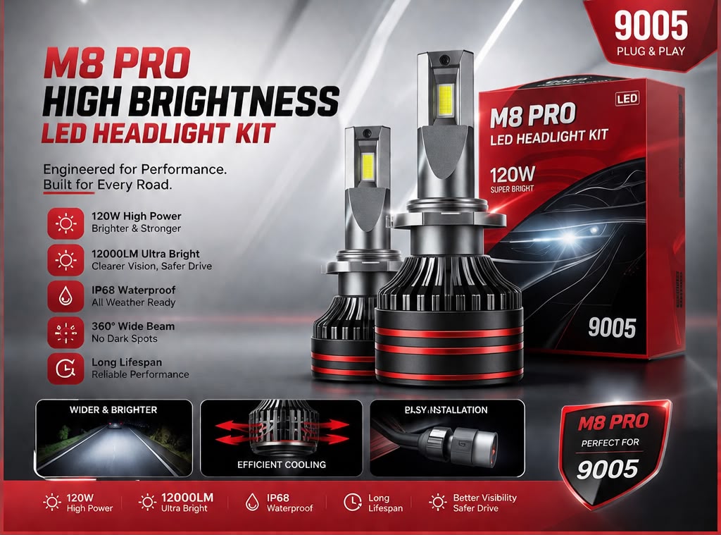 M8 PRO 9005 LED Headlight Bulb Kit 120W 12000LM IP68 Waterproof Super Bright Plug & Play – Pair