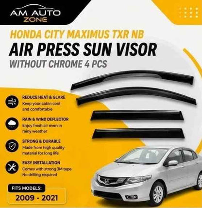Honda City Maximus TXR NB 2009, 2010, 2011, 2012, 2013, 2014, 2015, 2016, 2017, 2018, 2019, 2020, 2021 Air Press Sun Visor | Without Chrome | 4 PCS | Rain & Wind Deflectort