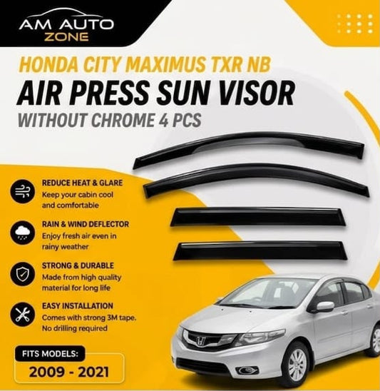 Honda City Maximus TXR NB 2009, 2010, 2011, 2012, 2013, 2014, 2015, 2016, 2017, 2018, 2019, 2020, 2021 Air Press Sun Visor | Without Chrome | 4 PCS | Rain & Wind Deflectort