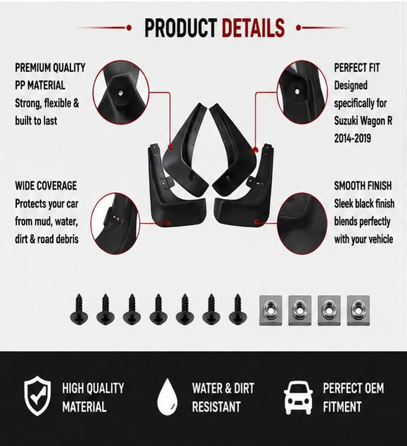 Suzuki Wagon R Mud Flaps Set 2014 2015 2016 2017 2018 2019 | Front & Rear Splash Guards
