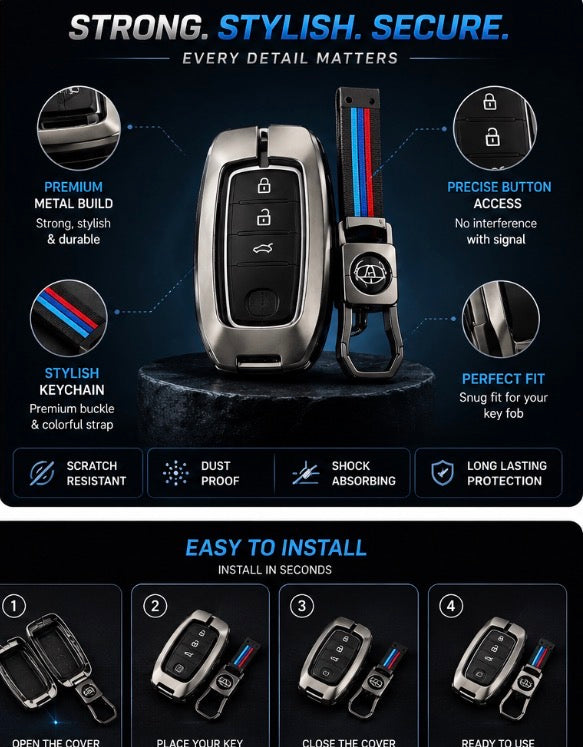 Premium Metal Car Key Case Cover with Keychain – Smart Remote Key Protector All cars