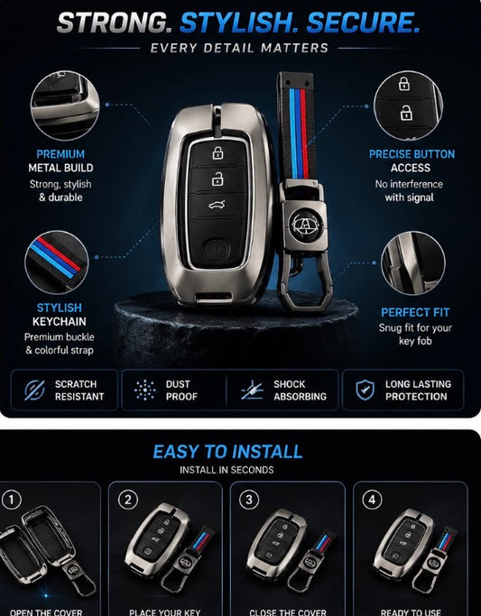 Premium Metal Car Key Case Cover with Keychain – Smart Remote Key Protector All cars