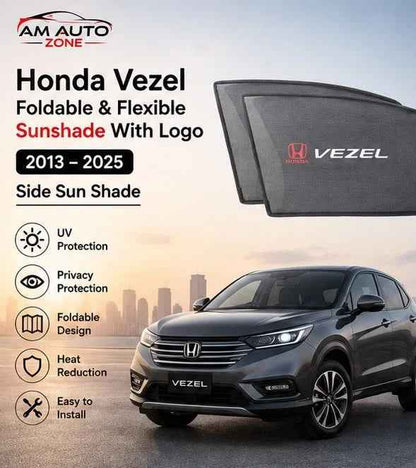 Honda Vezel Foldable & Flexible Magnetic Side Sun Shades with Logo for 2013, 2014, 2015, 2016, 2017, 2018, 2019, 2020, 2021, 2022, 2023, 2024 & 2025 – Set of 4
