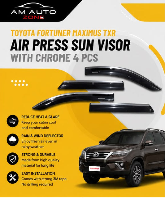 Air Press Sun Visor with Chrome for Toyota Fortuner Maximus TXR 4 PCS | Rain Guard Window Deflector | Wind Deflector | UV Resistant | Easy Installation