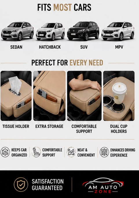 Universal Car Armrest Cushion with Dual Cup Holders | Tissue Box & Storage | Beige