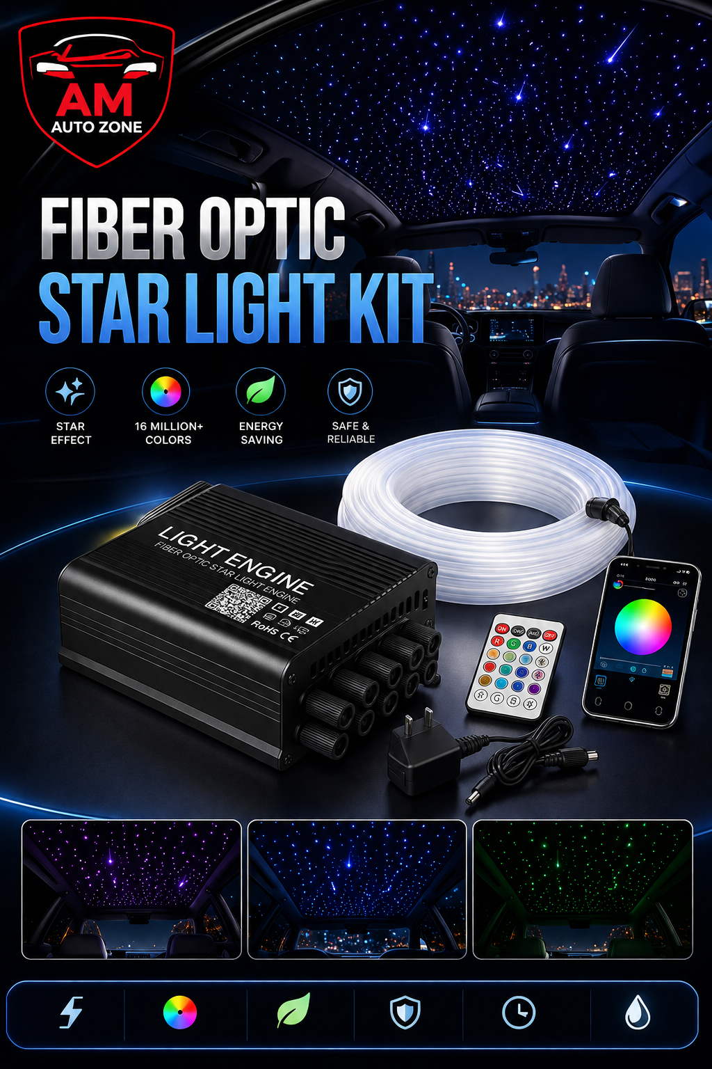 AM Auto Zone Fiber Optic Star Light Kit – RGB 16 Million Colors | APP + Remote Control | Car Roof Starlight Ambient Lighting Kit