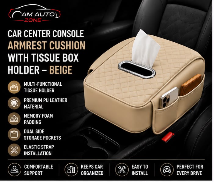 Universal Car Armrest Cushion with Tissue Box Holder | Premium PU Leather