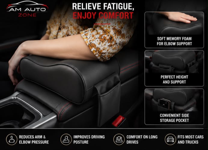Universal Car Armrest Cushion | Memory Foam PU Leather with Side Storage Pocket