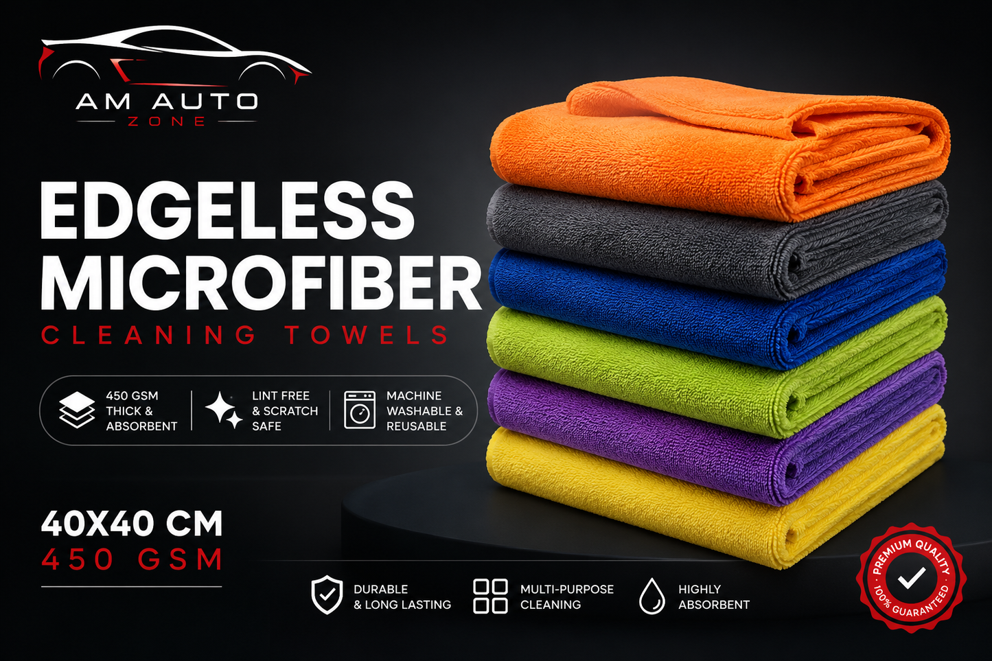 AM Auto Zone Edgeless Microfiber Cleaning Towels – Ultra Soft Car Detailing Cloth | Scratch-Free | High Absorbency 40x40 450 gsm