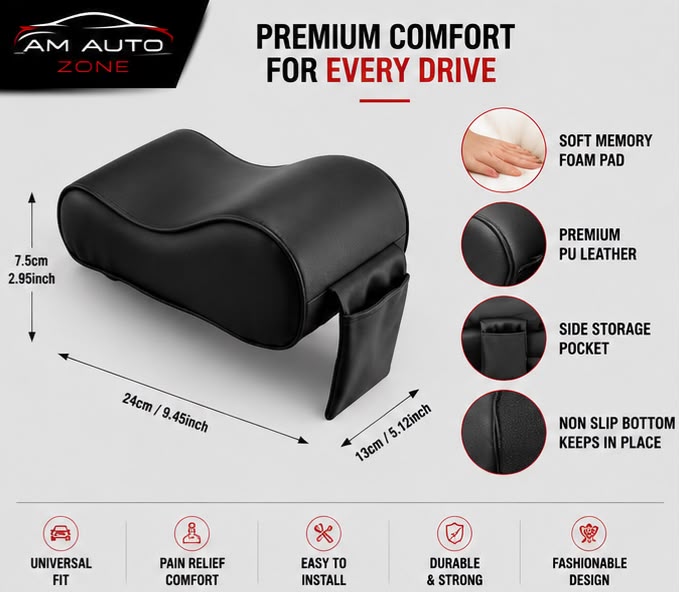 Universal Car Armrest Cushion | Memory Foam PU Leather with Side Storage Pocket