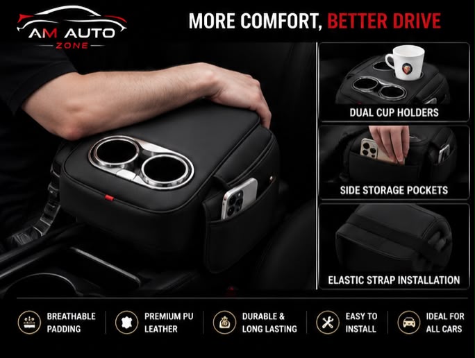 Car Center Console Armrest Cushion with Cup Holder | Black