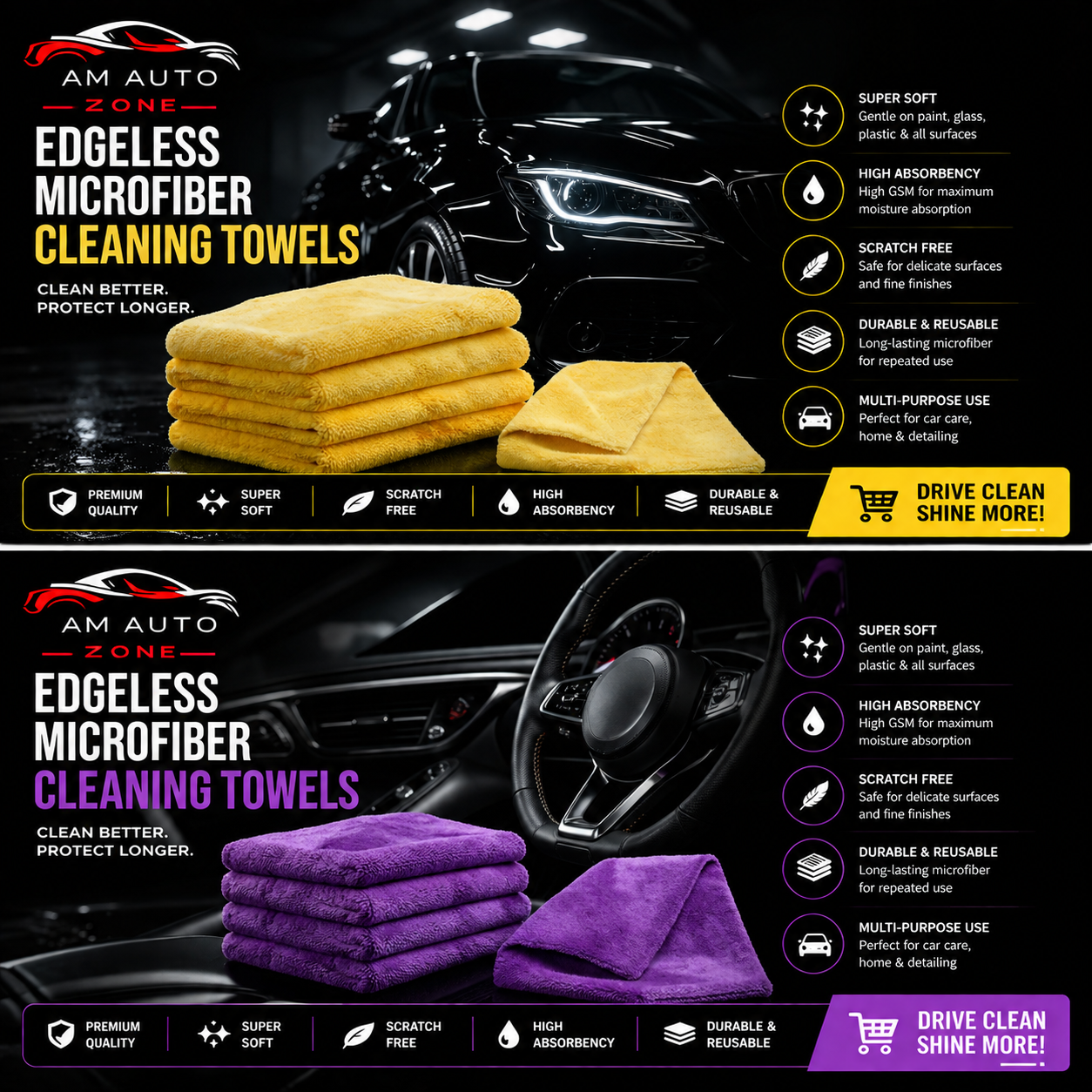 AM Auto Zone Edgeless Microfiber Cleaning Towels – Ultra Soft Car Detailing Cloth | Scratch-Free | High Absorbency 40x40 450 gsm