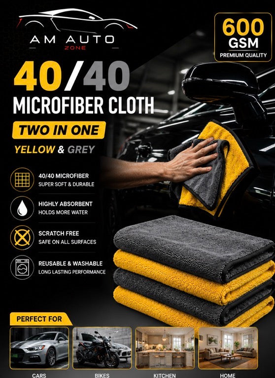 40×40cm Premium Microfiber Cloth – 600 GSM | Two in One Yellow & Grey | Car Detailing Towel