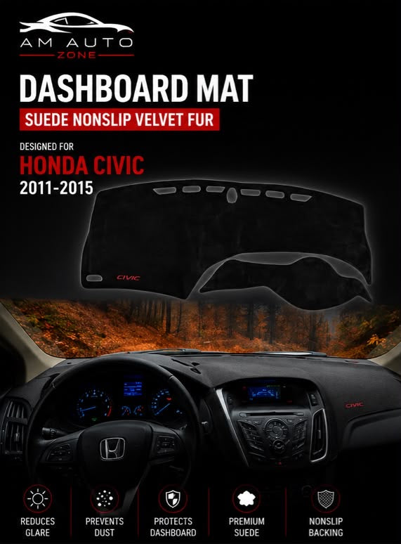 Dashboard Mat for Honda Civic 2011, 2012, 2013, 2014 & 2015 | Premium Suede Non-Slip Velvet Dashboard Cover | Heat Resistant Anti-Glare Dash Protector | AM Auto Zone
