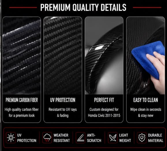 Batman Style Carbon Fiber Side Mirror Covers – Honda Civic 2011–2012-2013-2014-2015