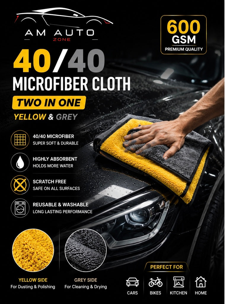 40×40cm Premium Microfiber Cloth – 600 GSM | Two in One Yellow & Grey | Car Detailing Towel