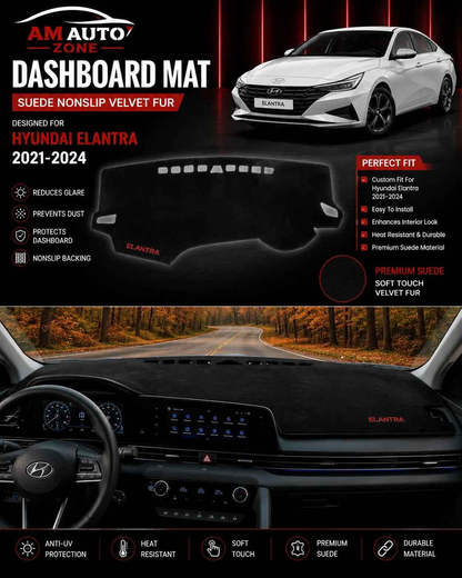 AM Auto Zone Premium Suede Dashboard Mat Cover for Hyundai Elantra 2021 2022 2023 2024 – Anti-UV, Non-Slip Velvet Fur Dash Cover Protection