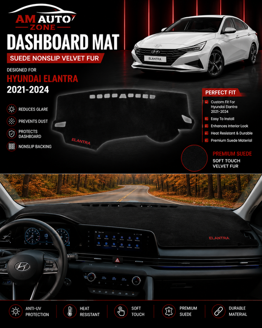 AM Auto Zone Premium Suede Dashboard Mat Cover for Hyundai Elantra 2021 2022 2023 2024 – Anti-UV, Non-Slip Velvet Fur Dash Cover Protection