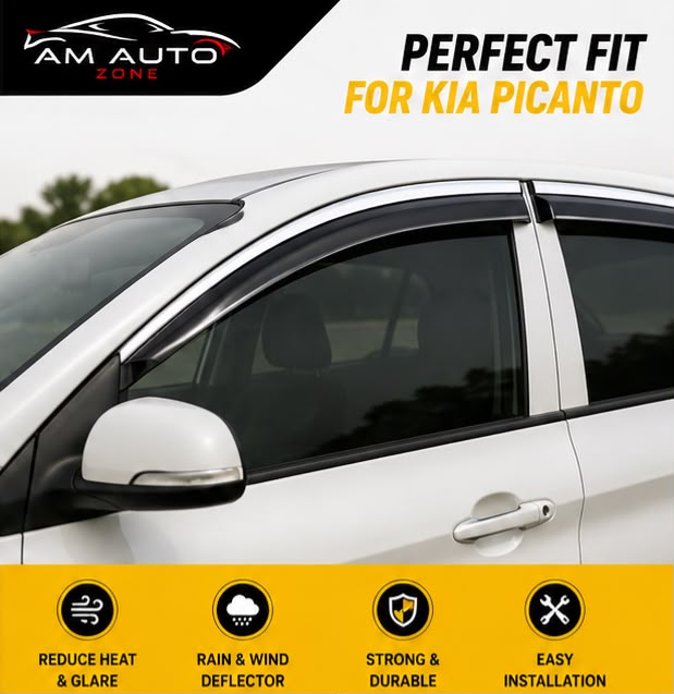KIA Picanto Maximus TXR Air Press Sun Visor with Chrome 4PCS | Window Wind Deflectors | KIA Picanto 2018 2019 2020 2021 2022 2023 2024 2025 | AM Auto Zone