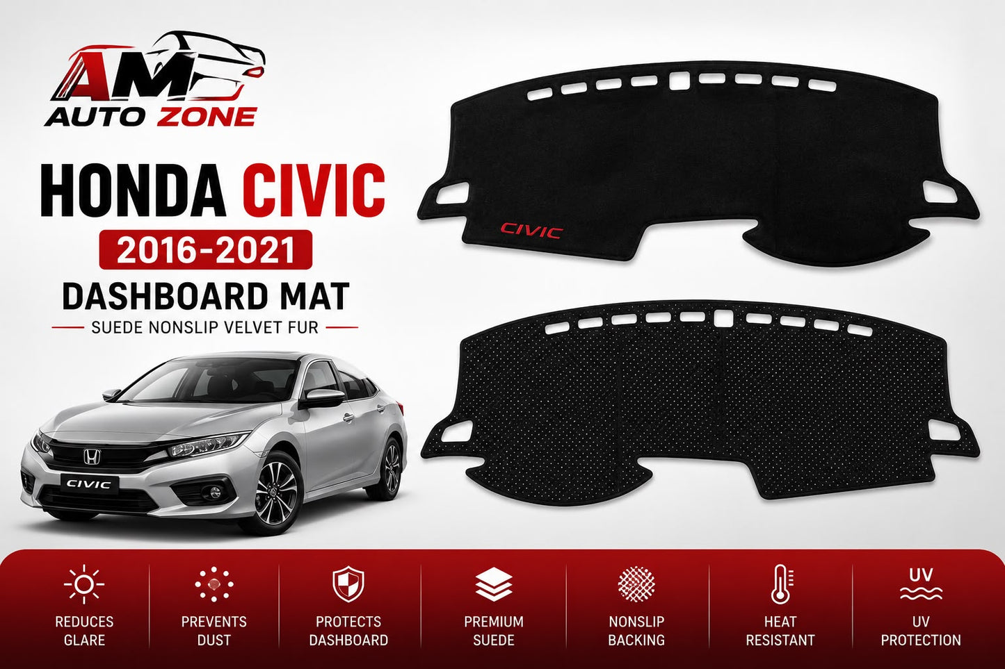 Honda Civic Dashboard Mat 2016–2017-2018-2019-2020-2021 | Premium Suede Non-Slip Velvet Fur | AM Auto Zone
