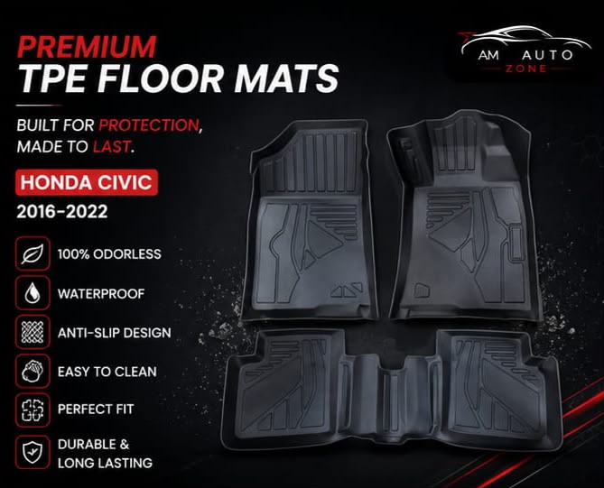 Honda Civic 2016, 2017, 2018, 2019, 2020, 2021, 2022 Custom Fit All Weather Floor Mats | Dirt & Mud Resistant | Easy to Clean | Premium Car Floor Mat Set