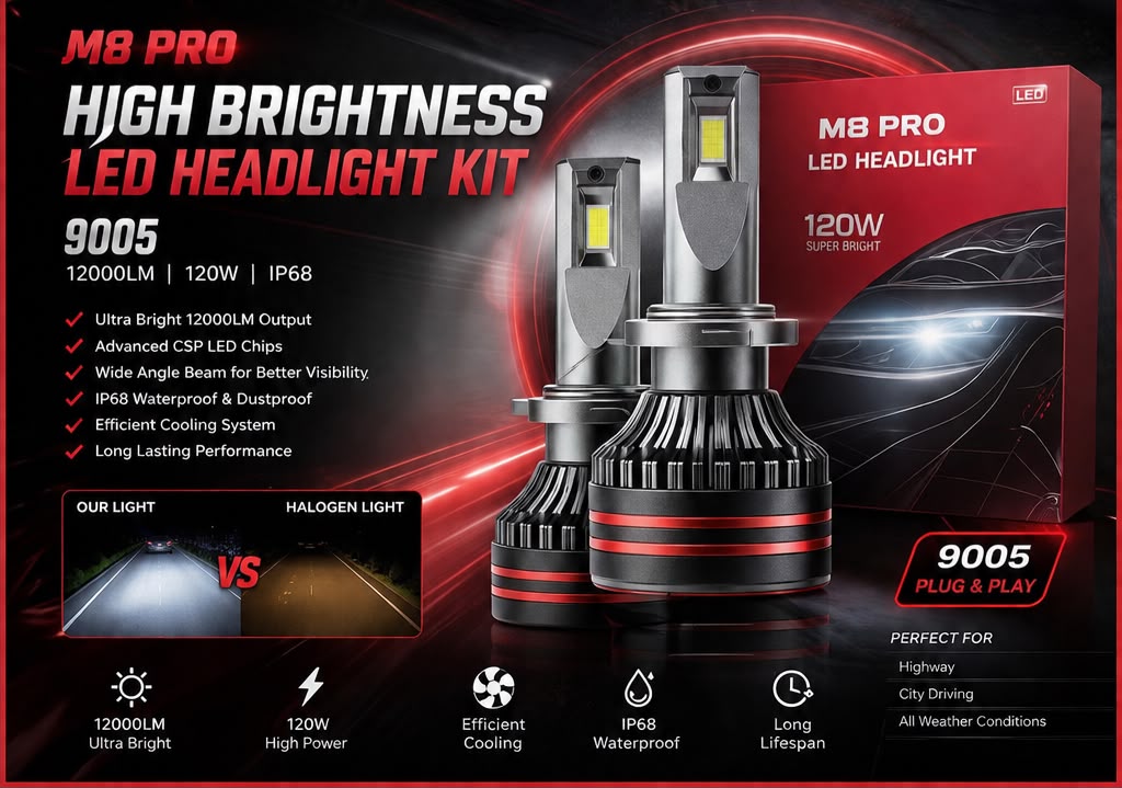 M8 PRO 9005 LED Headlight Bulb Kit 120W 12000LM IP68 Waterproof Super Bright Plug & Play – Pair
