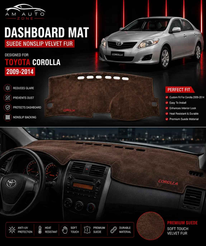 Toyota Corolla dashboard mat in premium brown suede, designed for 2009-2014 models, providing protection and style.