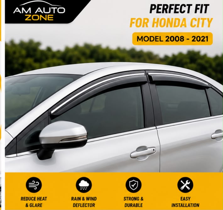 Air Press Sun Visor with Chrome for Honda City Maximus TXR 2008 2009 2010 2011 2012 2013 2014 2015 2016 2017 2018 2019 2020 2021 | 4 PCS Rain Guard Window Deflector