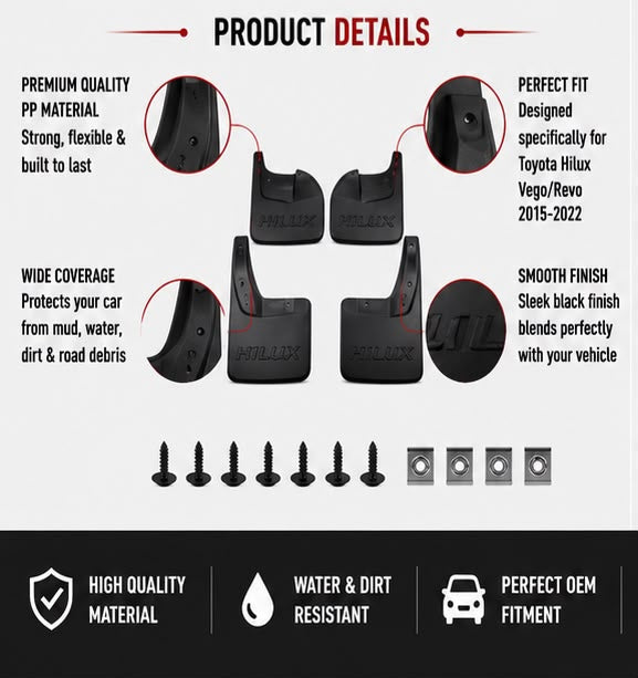 Toyota Hilux Vigo / Revo Mud Flaps Set 2015 2016 2017 2018 2019 2020 2021 2022 | Front & Rear Splash Guards