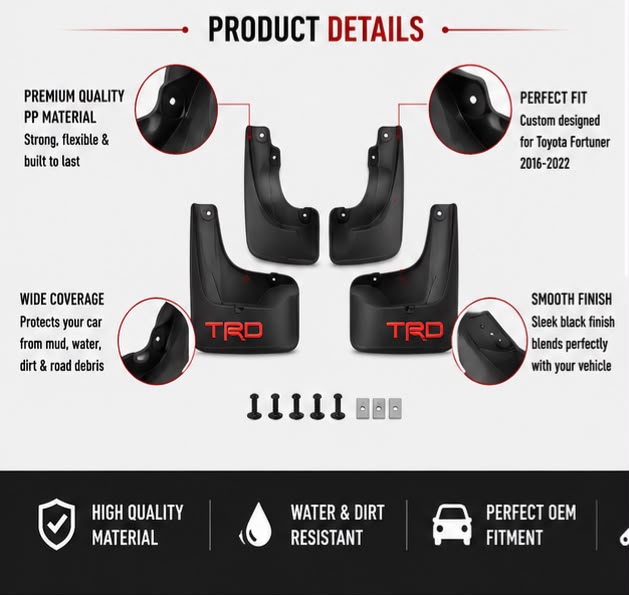 Toyota Fortuner TRD Mud Flaps Set 2016 2017 2018 2019 2020 2021 2022 | Front & Rear Splash Guards