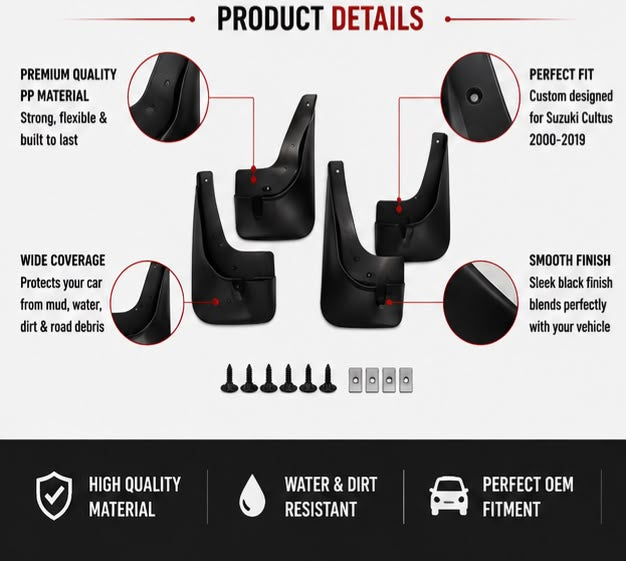 Suzuki Cultus Mud Flaps Set 2000 2001 2002 2003 2004 2005 2006 2007 2008 2009 2010 2011 2012 2013 2014 2015 2016 2017 2018 2019 | Front & Rear Splash Guards