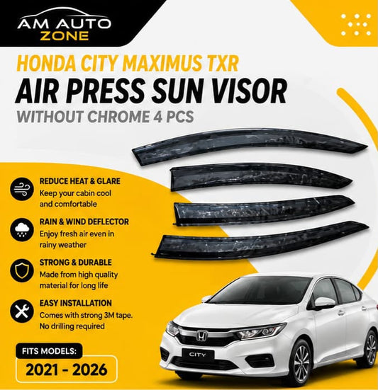 Honda City Maximus TXR 2021, 2022, 2023, 2024, 2025, 2026 Air Press Sun Visor | Without Chrome | 4 PCS | Rain & Wind Deflector
