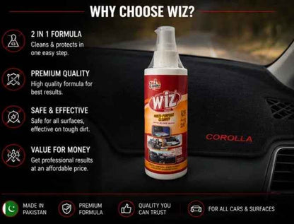 wiz cleaner, multi purpose cleaner, car interior cleaner, dashboard cleaner, dashboard spray, leather cleaner, plastic cleaner, vinyl cleaner, rubber cleaner, car dashboard polish, anti static cleaner, uv protection cleaner, matt shine cleaner, car detail