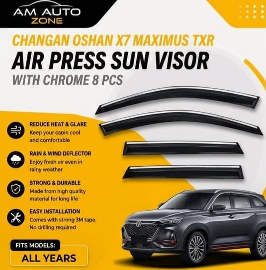 Changan Oshan X7 Maximus TXR Air Press Sun Visor with Chrome 8PCS | All Years | Rain & Wind Deflector Window Visor