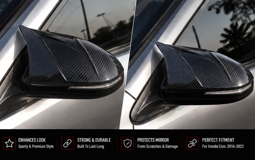 Batman Style Carbon Fiber Side Mirror Covers for Honda Civic 2016, 2017, 2018, 2019, 2020, 2021 & 2022 | Premium ABS Mirror Caps | AM Auto Zone