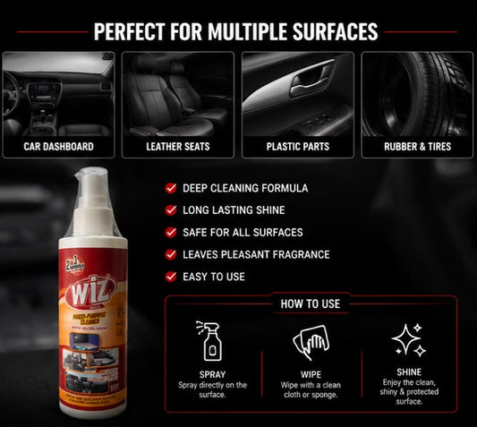 wiz cleaner, multi purpose cleaner, car interior cleaner, dashboard cleaner, dashboard spray, leather cleaner, plastic cleaner, vinyl cleaner, rubber cleaner, car dashboard polish, anti static cleaner, uv protection cleaner, matt shine cleaner, car detail