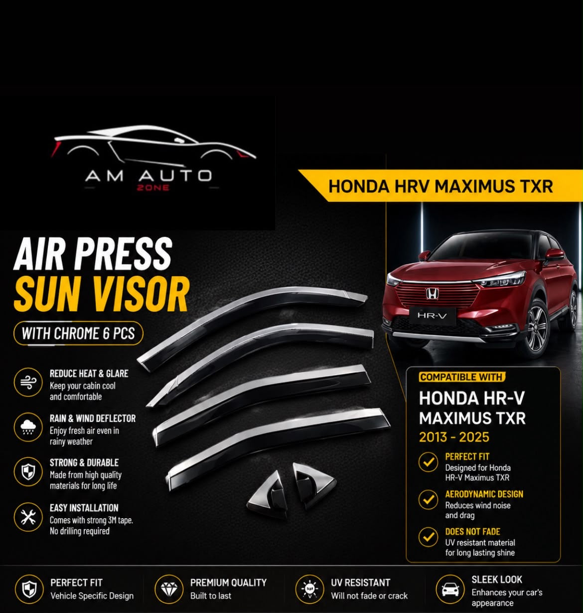 Honda HR-V Maximus TXR Air Press Sun Visor with Chrome 6PCS | Honda HR-V 2013, 2014, 2015, 2016, 2017, 2018, 2019, 2020, 2021, 2022, 2023, 2024 & 2025 | AM Auto Zone