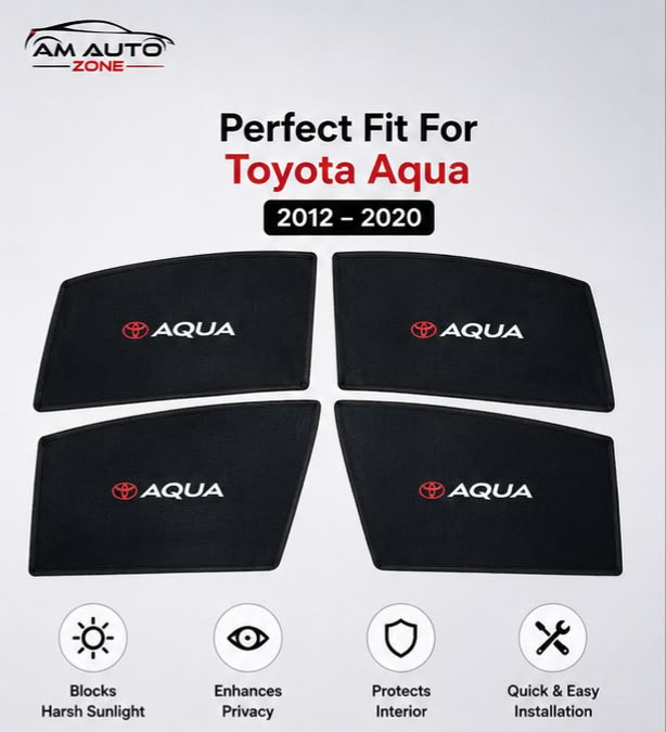 Toyota Aqua Foldable & Flexible Magnetic Side Sun Shades with Logo – Set of 4 | Model Years 2012, 2013, 2014, 2015, 2016, 2017, 2018, 2019 & 2020