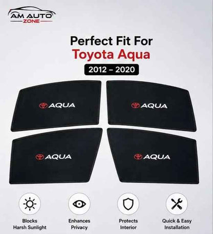 Toyota Aqua Foldable & Flexible Magnetic Side Sun Shades with Logo – Set of 4 | Model Years 2012, 2013, 2014, 2015, 2016, 2017, 2018, 2019 & 2020