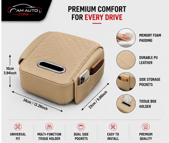 Universal Car Armrest Cushion with Tissue Box Holder | Premium PU Leather
