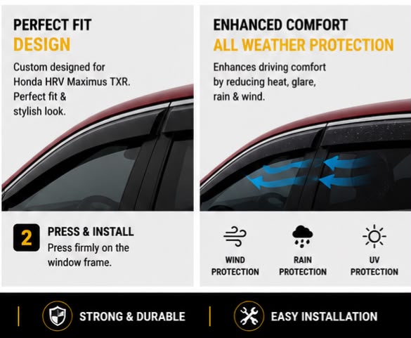 Honda HR-V Maximus TXR Air Press Sun Visor with Chrome 6PCS | Honda HR-V 2022 2023 2024 2025 2026 | Rain Guard Window Deflector