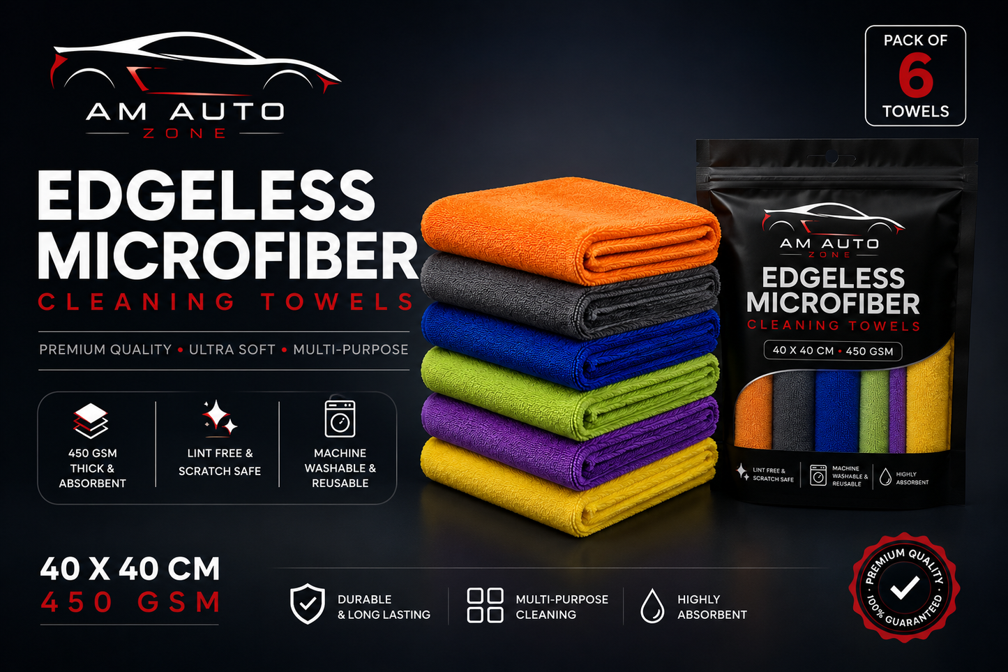 AM Auto Zone – Edgeless Microfiber Cleaning Towels (Pack of 6) | 40x40 CM | 450 GSM