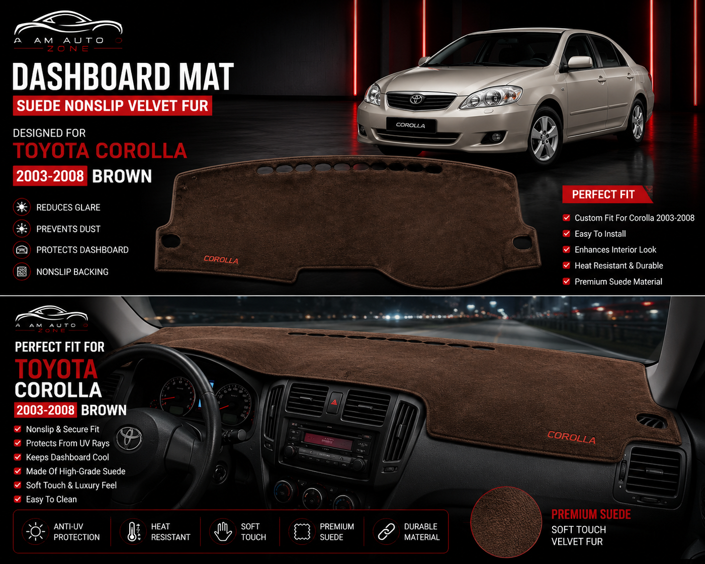 Brown Dashboard Mat for Toyota Corolla 2003, 2004, 2005, 2006, 2007 & 2008 | Premium Suede Non-Slip Dashboard Cover | Heat Resistant Anti-Glare Dash Mat | AM Auto Zone