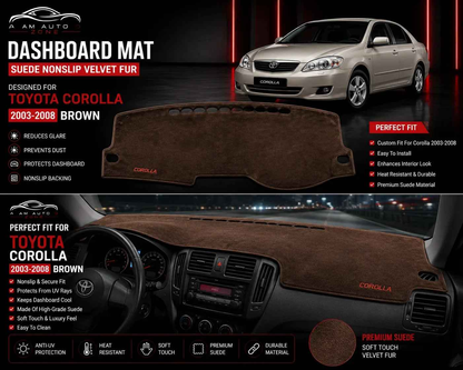 Brown Dashboard Mat for Toyota Corolla 2003, 2004, 2005, 2006, 2007 & 2008 | Premium Suede Non-Slip Dashboard Cover | Heat Resistant Anti-Glare Dash Mat | AM Auto Zone