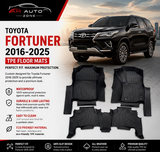 Toyota Fortuner TPE Floor Mats 2016, 2017, 2018, 2019, 2020, 2021, 2022, 2023, 2024, 2025 | Premium 3D All Weather Car Floor Liners | AM Auto Zones