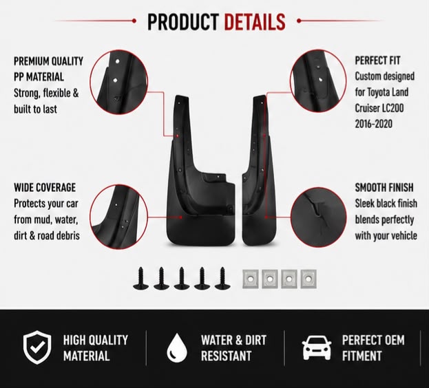 Toyota Land Cruiser LC200 Mud Flaps Set 2016 2017 2018 2019 2020 | Front & Rear Splash Guards