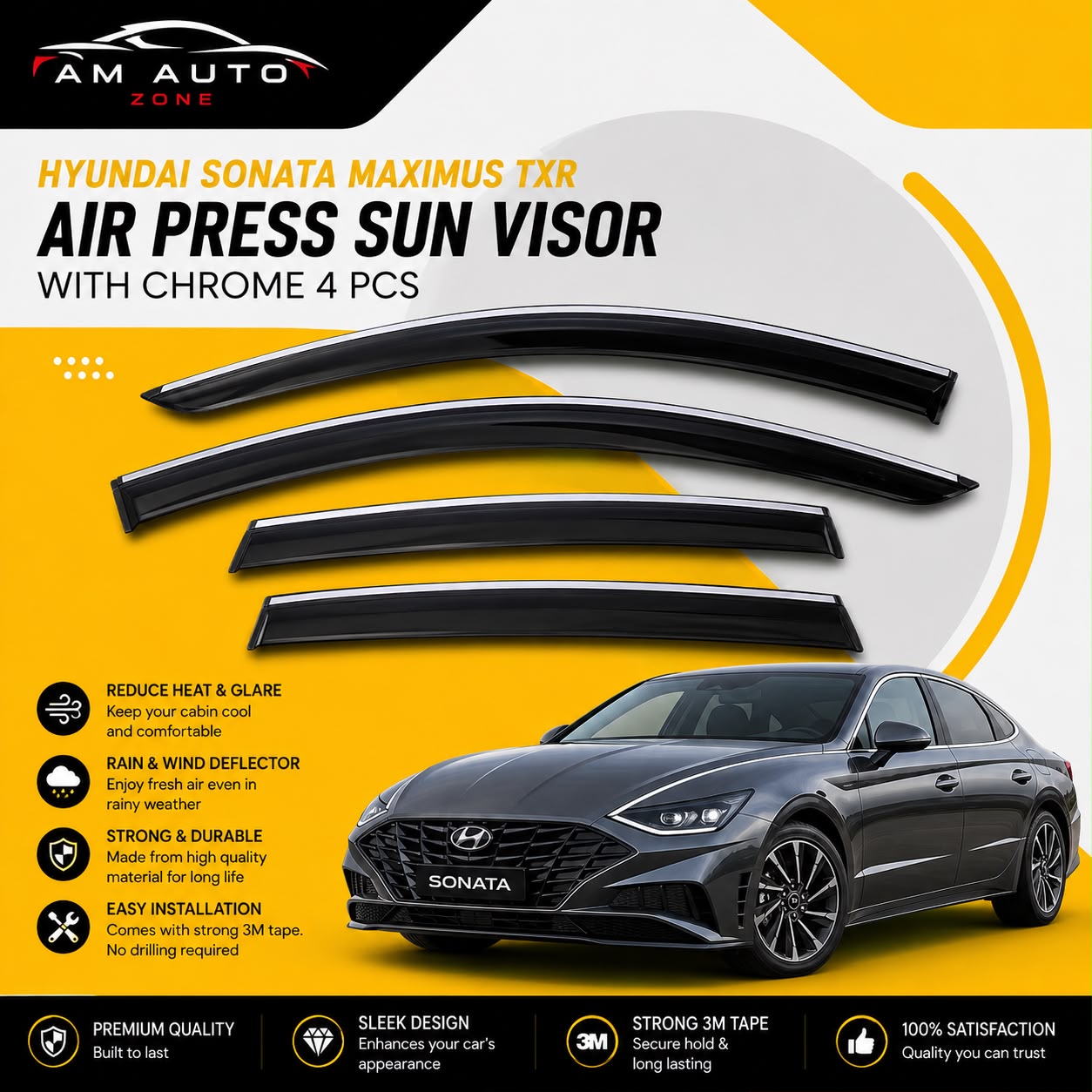 Hyundai Sonata Maximus TXR Air Press Sun Visor with Chrome 4PCS | Window Wind Deflectors | Hyundai Sonata 2020 2021 2022 2023 2024 2025 | AM Auto Zone